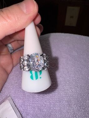 bp Silver-Tone Oval Clear Crystal Statement Ring